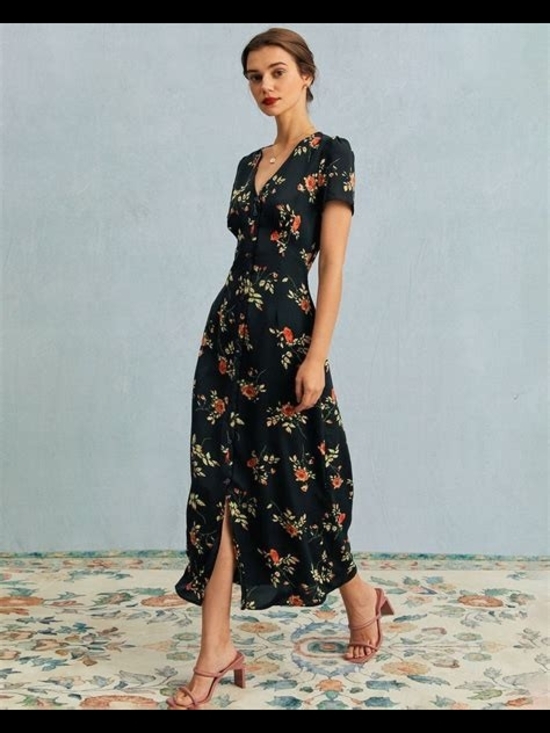 RIHOAS Dresses & Skirts - RIHOAS Black Floral Maxi Dress with Puff Sleeves